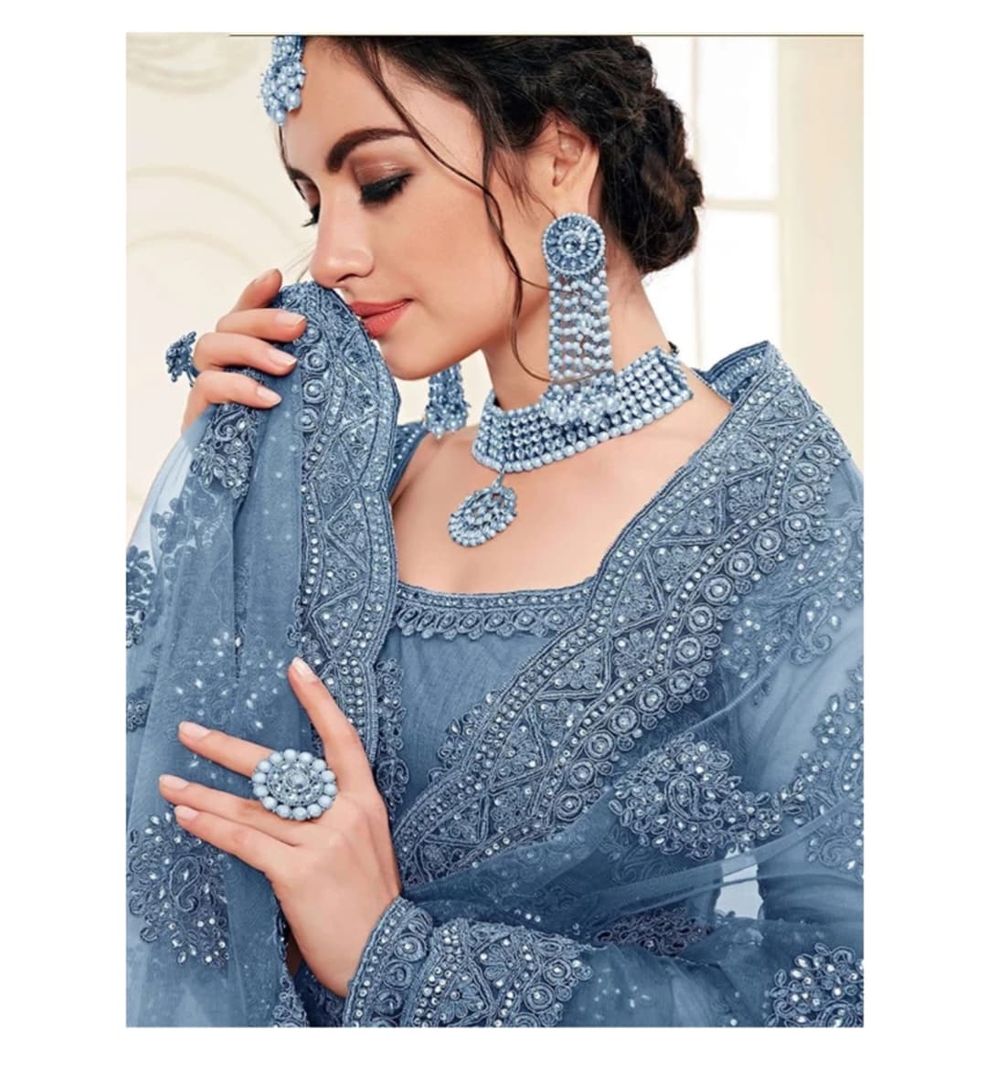 Awafu Embroidered Semi Stitched Lehenga Choli ( Light Blue ) 1