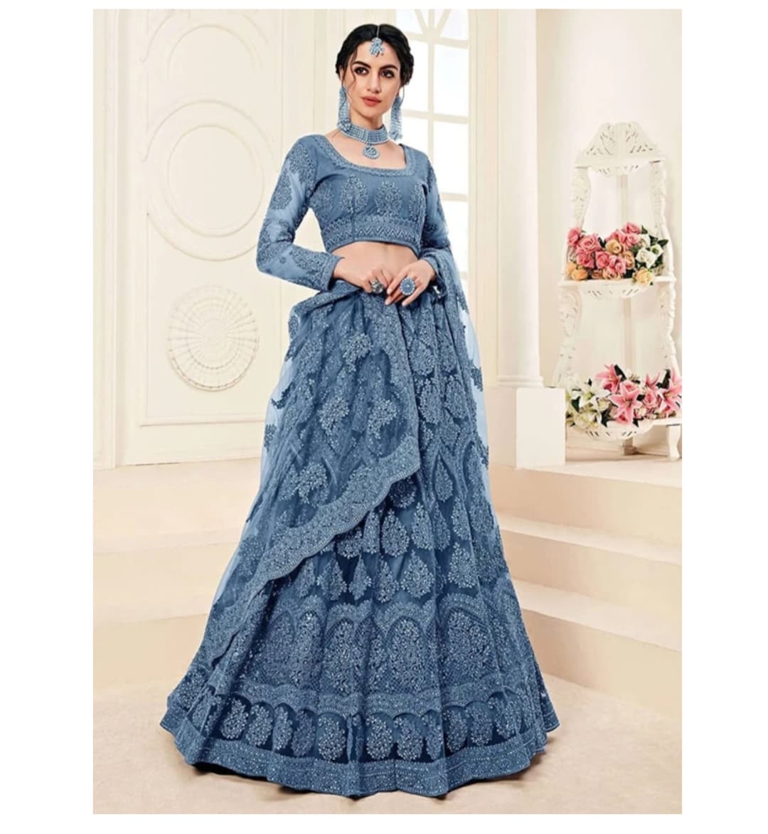 Awafu Embroidered Semi Stitched Lehenga Choli ( Light Blue )
