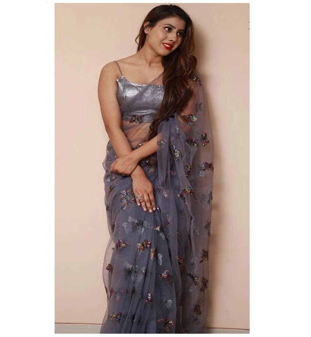 Awafu Applique Net Saree With Blouse (Grey )