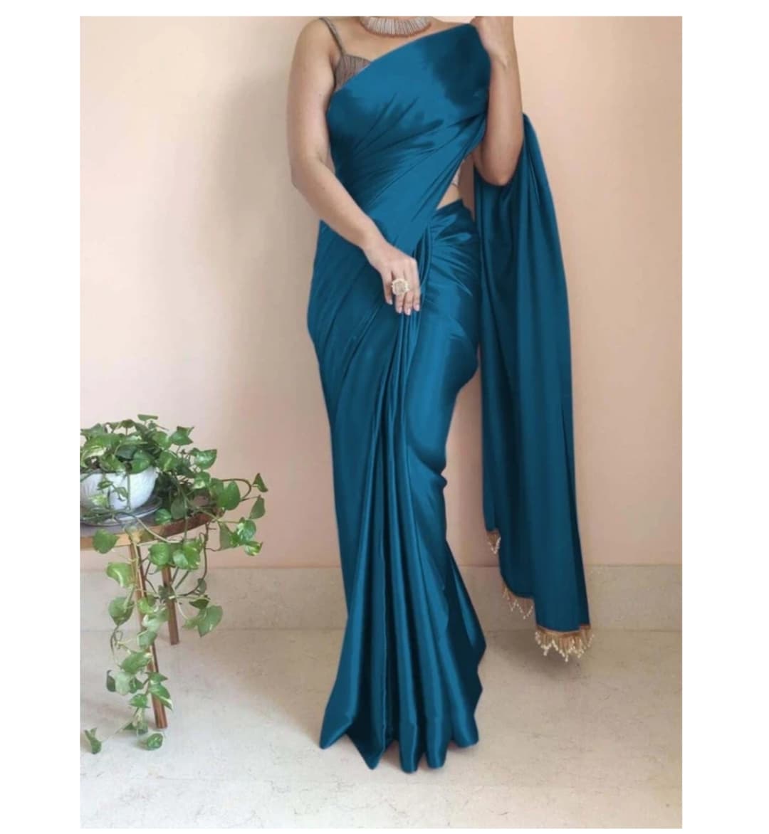 Awafu Solid Plain Satin Silk Blend Saree With Blouse( Blue )