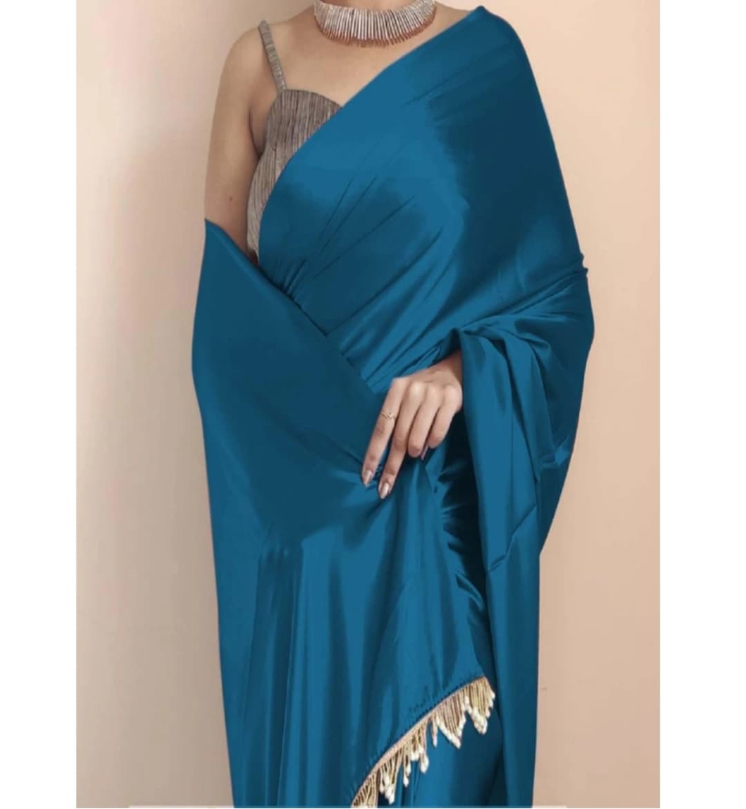 Awafu Solid Plain Satin Silk Blend Saree With Blouse( Blue ) 1