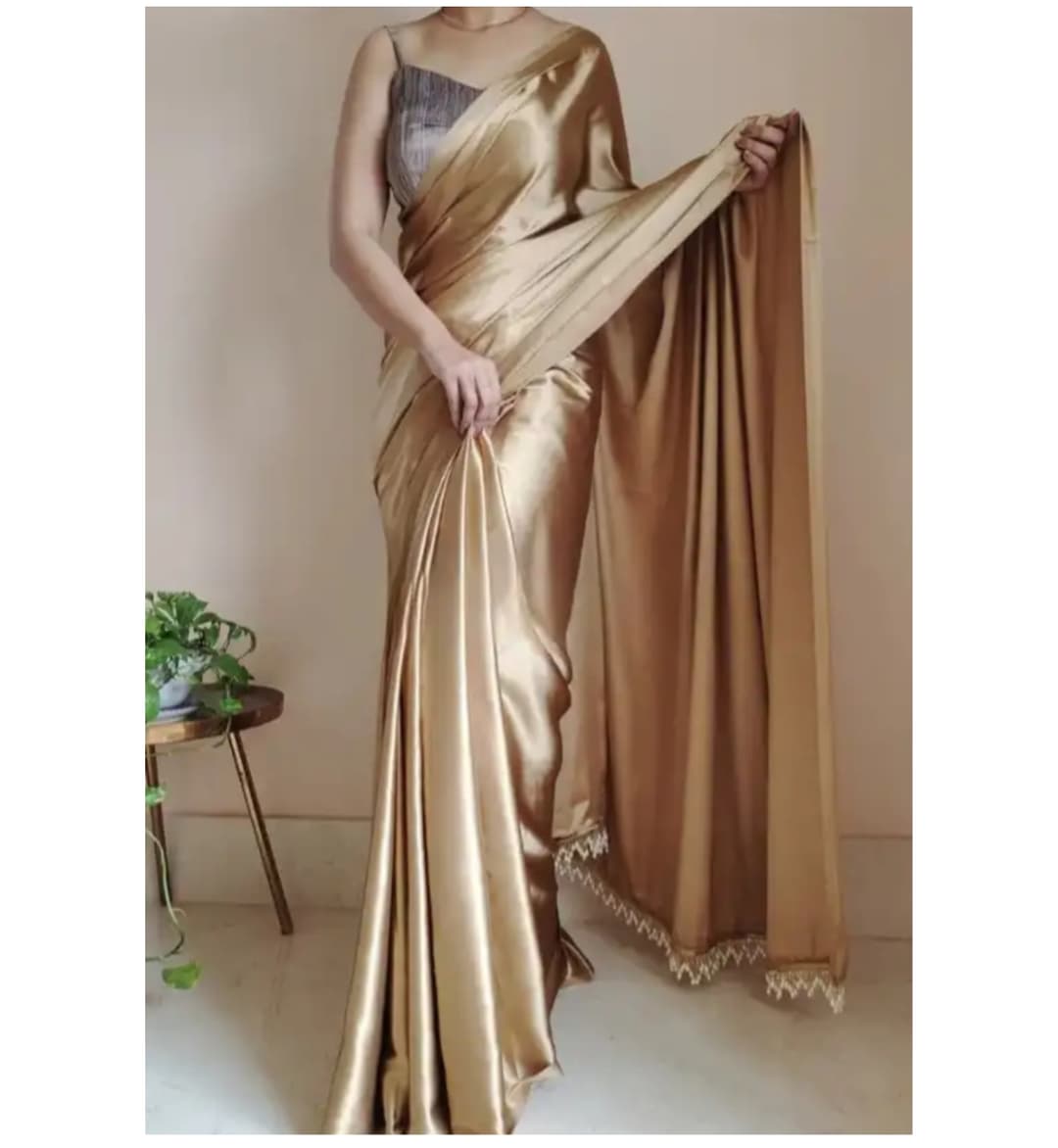 wafu Solid Plain Satin Silk Blend Saree With Blouse( Gold )