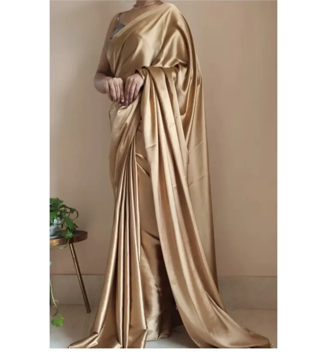 wafu Solid Plain Satin Silk Blend Saree With Blouse( Gold ) 1