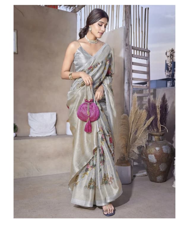 Awafu Floral Printed Art Silk Saree With Blouse