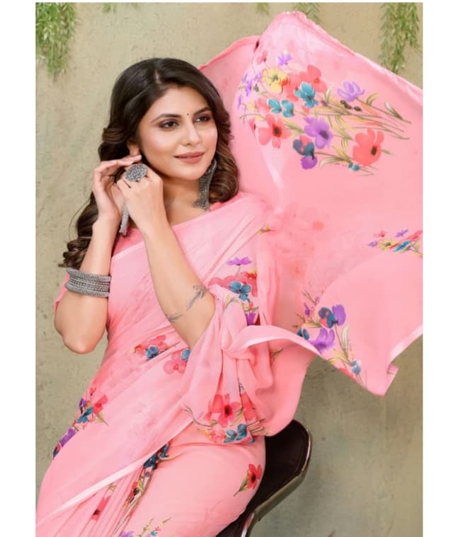 Awafu Floral Printed Art Silk Saree With Blouse
