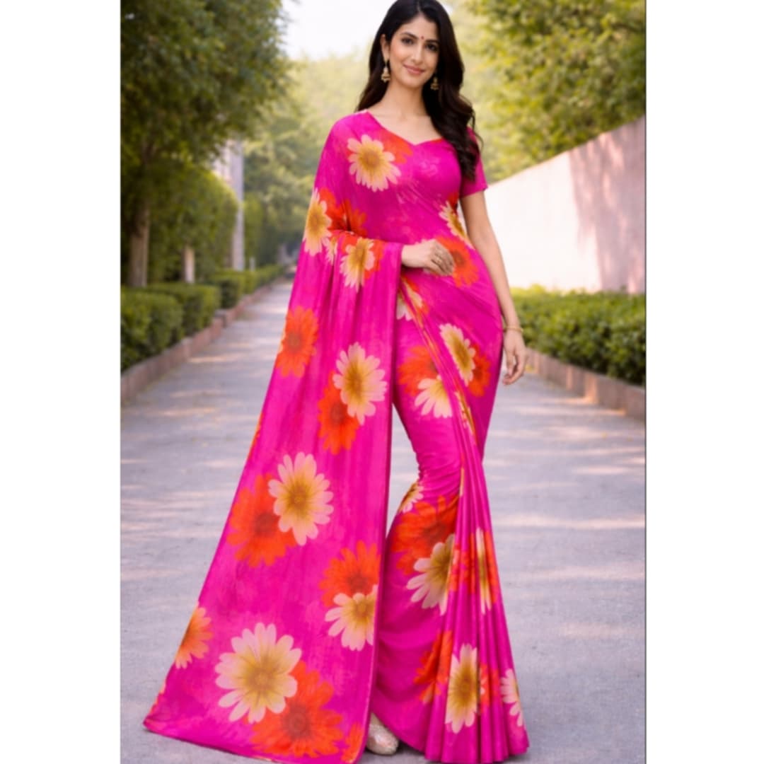 Solid Pattern Printed For Women Chiffon Saree 1
