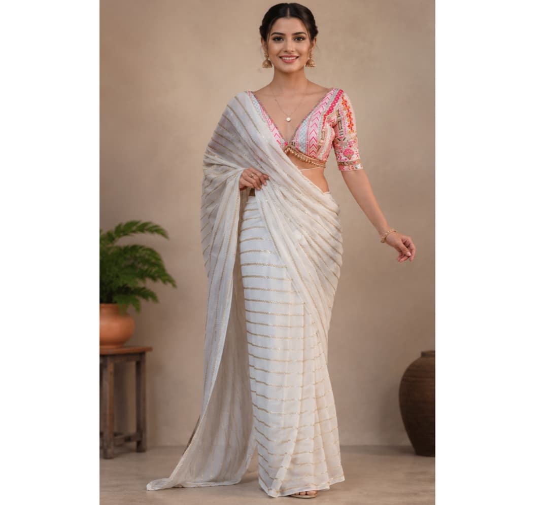 Awafu Embroidered Stripe Georgette Saree