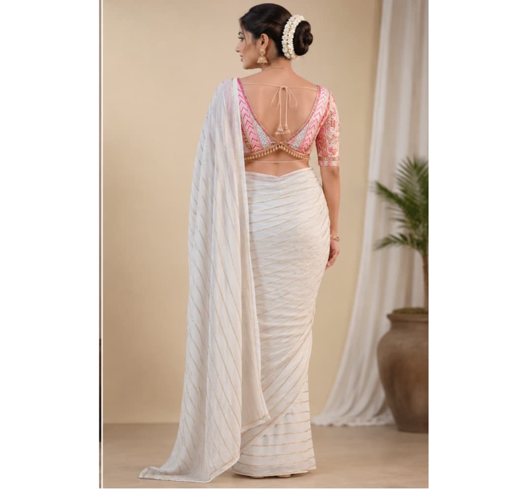 Awafu Embroidered Stripe Georgette Saree 1