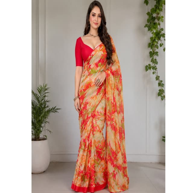 Solid Pattern Printed For Women Chiffo Saree 