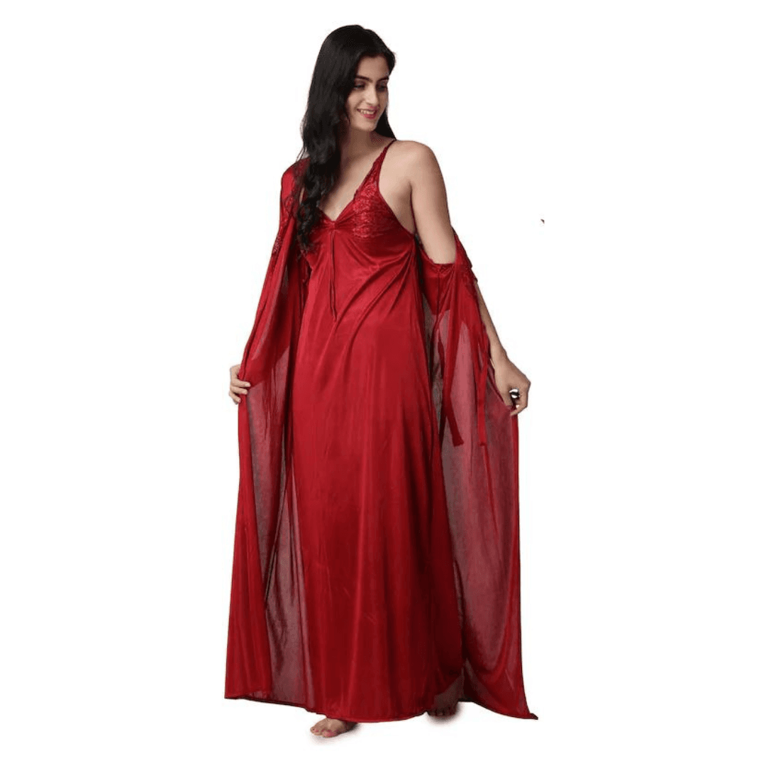 Silk Bridal Nightgown Set Stylish Fancy Bridal Nighty Set For Women Free Size Maroon Color 5