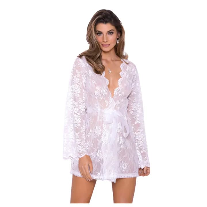 Women Kimono Robe Neck Nightwear for Women with Lace Design With belt and G String panty Free Size White Color 1