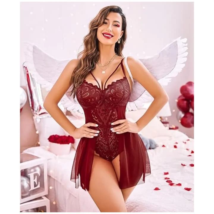 Babydoll Lingerie for Women Floral Snap Crotch Teddy Chemise Nightie Lace Nightgown For Women Free Size Maroon Color 2