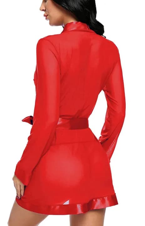 Women Mesh Robe with Satin Border Babydoll Lingerie Free Size Red Color 3