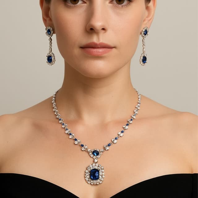 Women's Fashion Jewelry Set , Silver Plated Necklace, Earrings & Maang Tikka with Blue Stones, Bridal & Party Wear