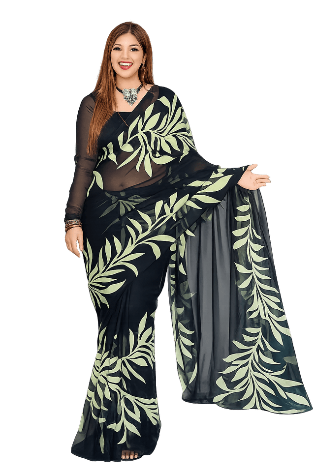 Viral Green saree Elegant Black Leaf Print Saree