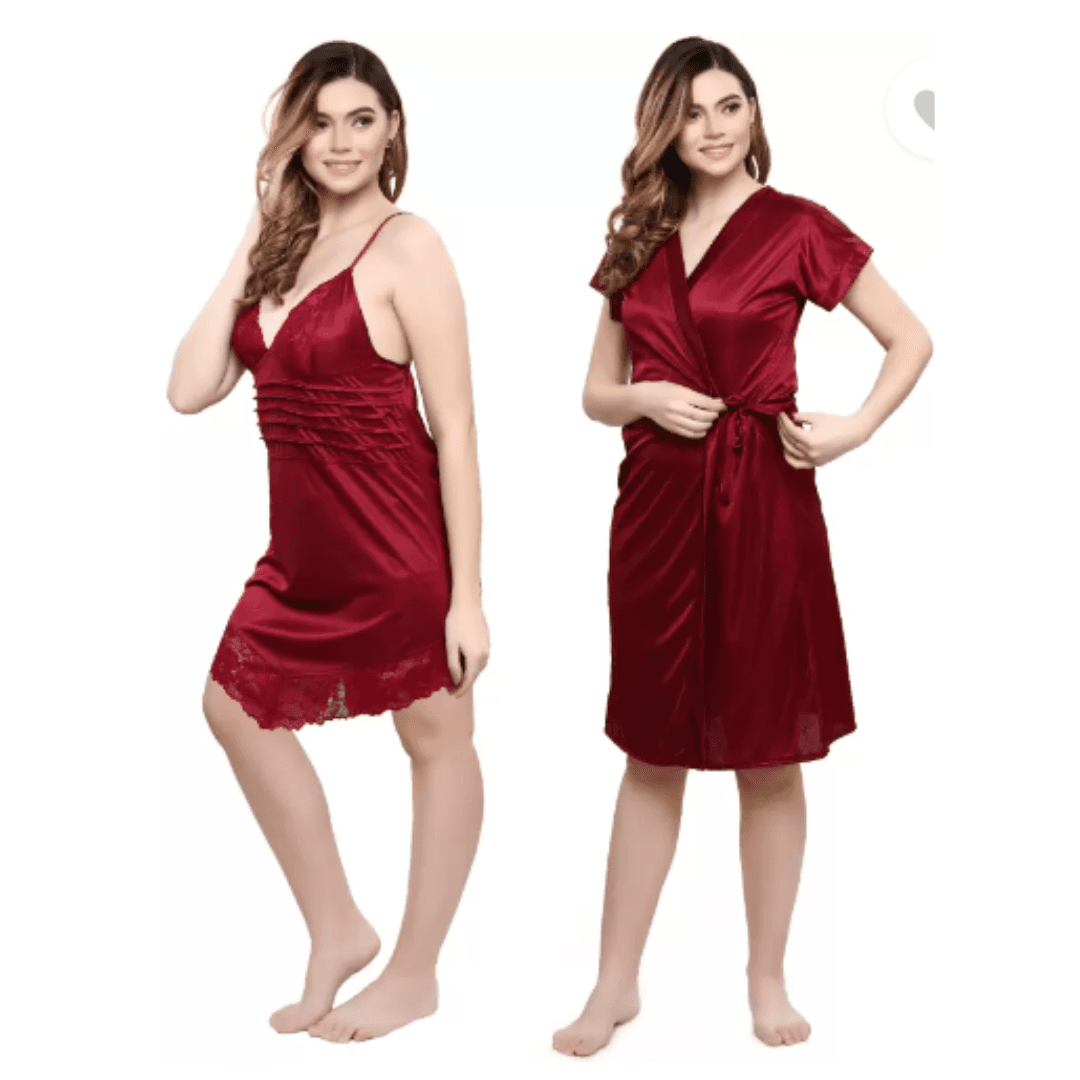 Silk Bridal Nightgown Set Stylish Fancy Bridal Nighty Set For Women Free Size 2