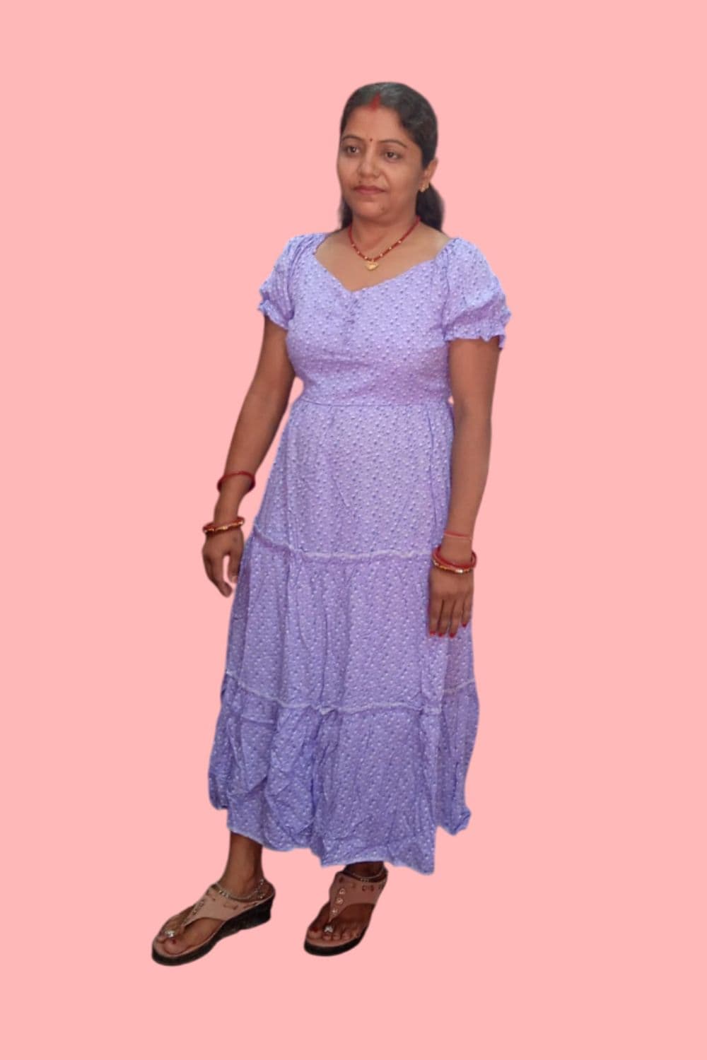 Women Purple U-Neck Short Sleeves Fit and Flare Maxi Dress for Casual Wear