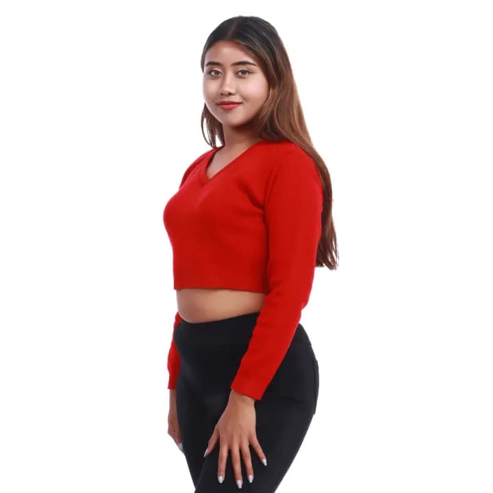 Red V Shaped Woolen Blouse for Women, Full Sleeves, Versatile 1
