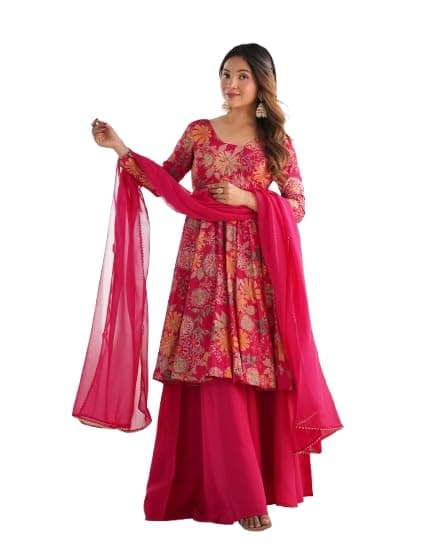 new roman silk fabric with discharge print kediya style kurti plazzo set for women ready to wear