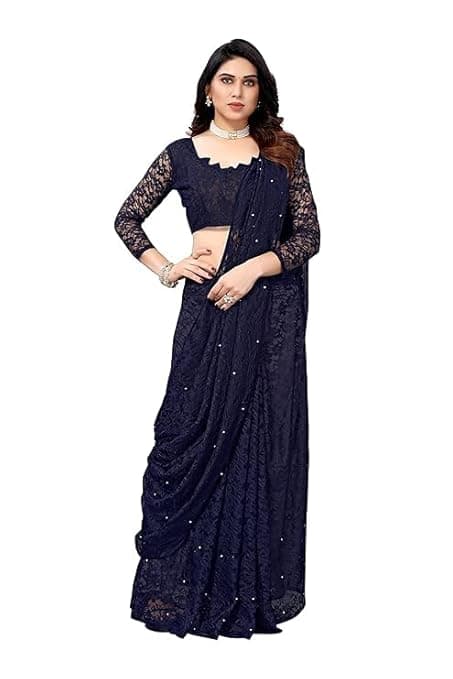 Awafu Women's Solid Net Saree with Pearl and Lace Work | Unstitched Blouse Piece Included | Elegant Rasel Net Fabric | Lightweight Saree for Festive | 5.40M Saree + 0.70M Blouse Fabric 3
