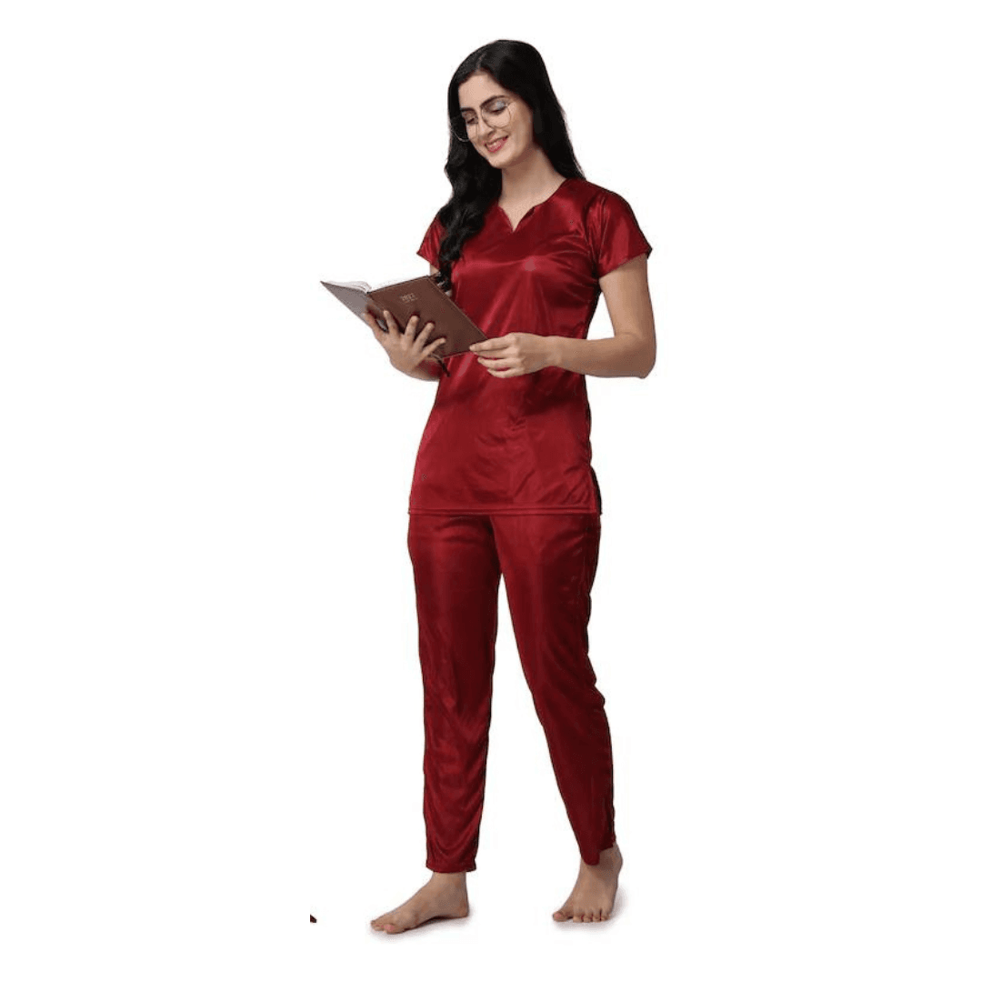 Silk Bridal Nightgown Set Stylish Fancy Bridal Nighty Set For Women Free Size Maroon Color 4