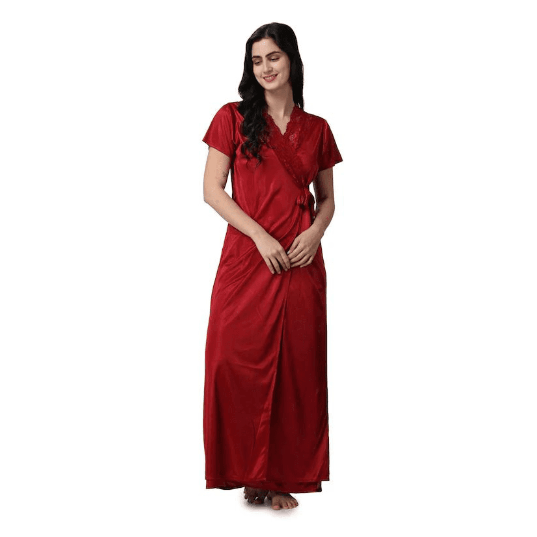 Silk Bridal Nightgown Set Stylish Fancy Bridal Nighty Set For Women Free Size Maroon Color 6