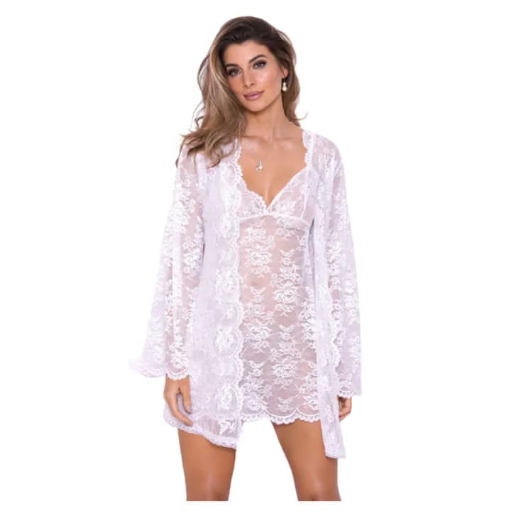 Women Kimono Robe Neck Nightwear for Women with Lace Design With belt and G String panty Free Size White Color 3