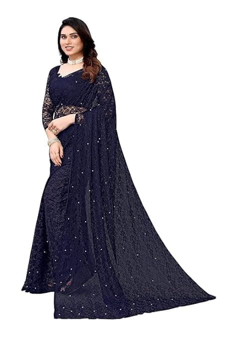 Awafu Women's Solid Net Saree with Pearl and Lace Work | Unstitched Blouse Piece Included | Elegant Rasel Net Fabric | Lightweight Saree for Festive | 5.40M Saree + 0.70M Blouse Fabric 1