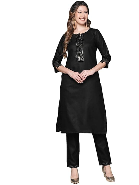Women's Silk Black Gotta Patti Dori Tassel Straight Kurta Set