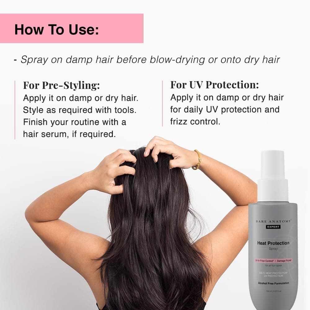 Bare Anatomy Heat Protection Spray Serum | Controls Frizz for up to 24 Hrs | Vitamin E, Pea Protein & Veg Keratin Enriched | Paraben Free | For Women & Men | Vegan |230 °C Heat Protection | 150 ml - By Allure Cosmetics 4