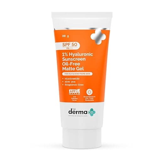 The Derma Co 1% Hyaluronic Sunscreen Oil-Free Matte Gel | Lightweight Sunscreen for Oily & Acne-Prone Skin | SPF 50 & PA++++ Protection | Safe & Effective | 80 g