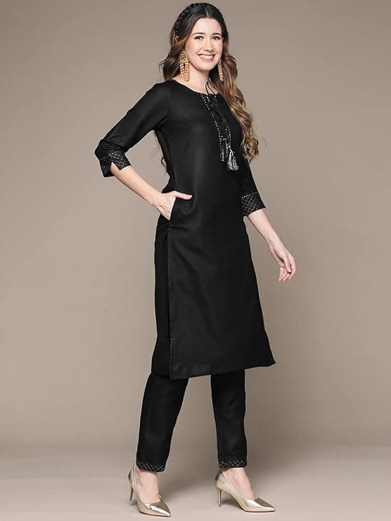 Women's Silk Black Gotta Patti Dori Tassel Straight Kurta Set 2