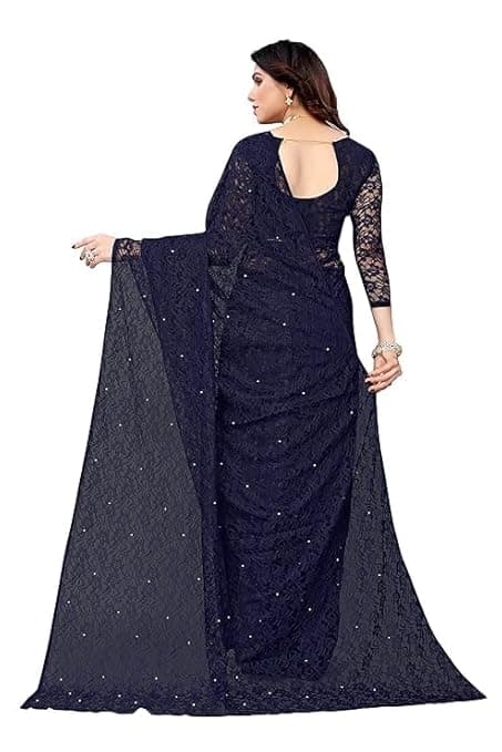 Awafu Women's Solid Net Saree with Pearl and Lace Work | Unstitched Blouse Piece Included | Elegant Rasel Net Fabric | Lightweight Saree for Festive | 5.40M Saree + 0.70M Blouse Fabric 5