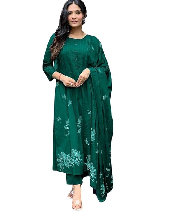  Women's Cotton Embroidery Floral Printed Long Straight Kurti with Pant and Dupatta Set