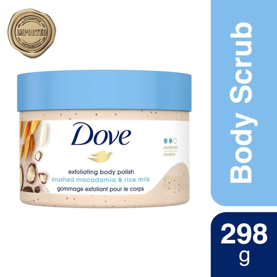 Dove Exfoliating Body Polish| Body Scrub |Deeply Nourishing Crushed Macadamia and Rice Milk |Moisturises & Brightens Skin | Sulphate Free|298gm 1