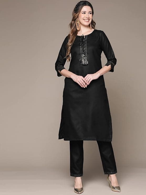 Women's Silk Black Gotta Patti Dori Tassel Straight Kurta Set 1