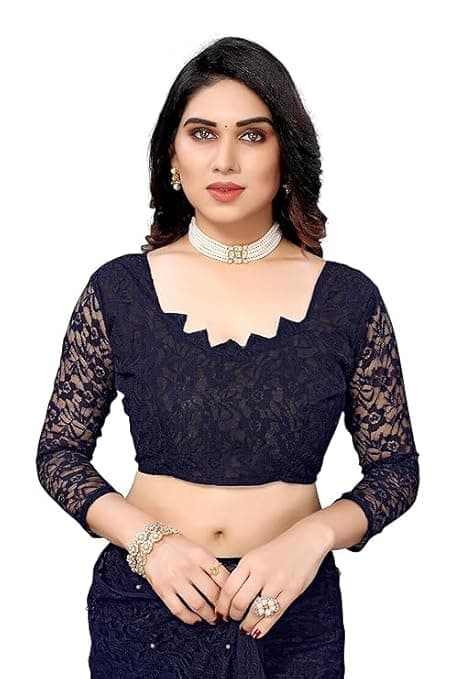 Awafu Women's Solid Net Saree with Pearl and Lace Work | Unstitched Blouse Piece Included | Elegant Rasel Net Fabric | Lightweight Saree for Festive | 5.40M Saree + 0.70M Blouse Fabric 4