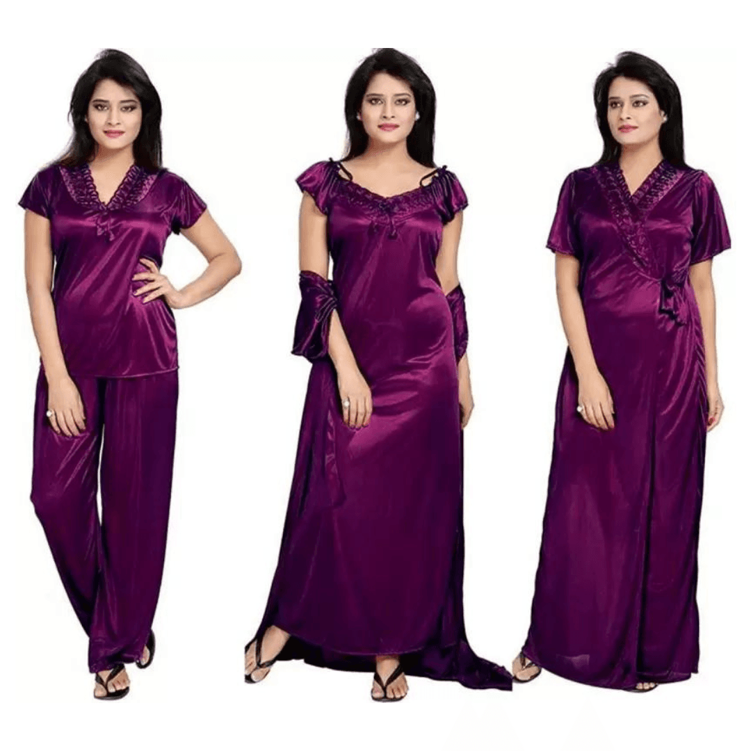 Silk Bridal Nightgown Set Stylish Fancy Bridal Nighty Set For Women Free Size Purple Color 1