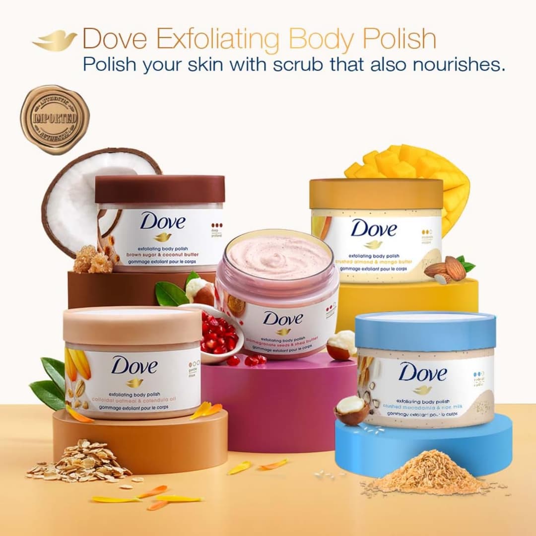 Dove Exfoliating Body Polish| Body Scrub |Deeply Nourishing Crushed Macadamia and Rice Milk |Moisturises & Brightens Skin | Sulphate Free|298gm 7