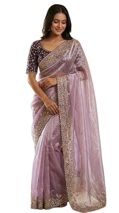 Shivshakti Collection, Designer Fandy Satin Saree for Women with Sequence Work | Cutwork Border Saree with Contrast Embroidered Full Stitch Blouse 1