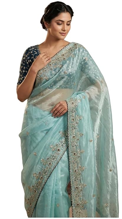 Shivshakti Collection, Designer Fandy Satin Saree for Women with Sequence Work | Cutwork Border Saree with Contrast Embroidered Full Stitch Blouse