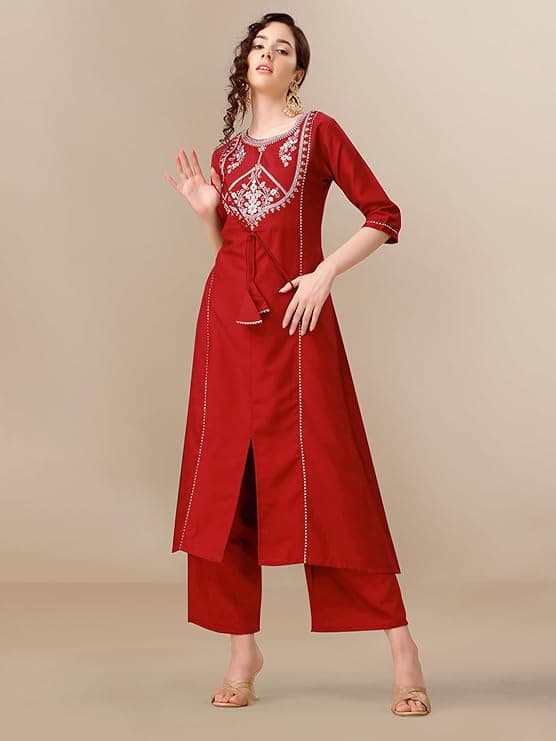 Women's Cotton Silk Embroidered A-line Front Slit Kurta Palazzo & Organza Dupatta Set 4