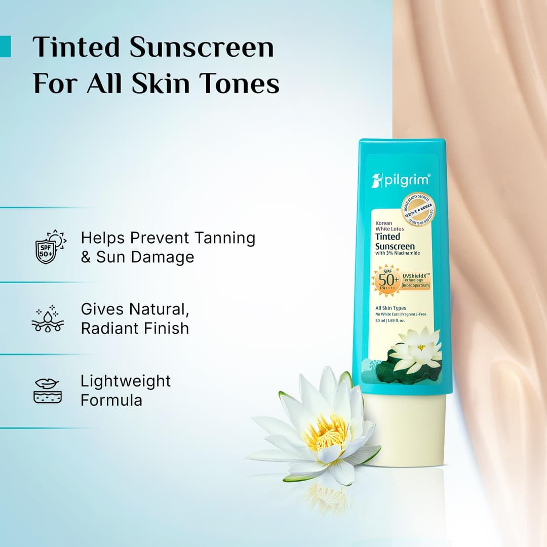 Pilgrim Korean White Lotus Tinted Sunscreen SPF 50+ PA++++ with 3% Niacinamide | No White Cast |Prevents Tanning | Lightweight | For All Skin Types | For Women and Men | 50ml 3