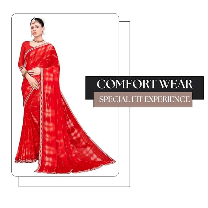  Women's Tie-Dye Chiffon Saree In Red Color With Unstitched Blouse - Suitable For All Indian Occasions and Festivals 3