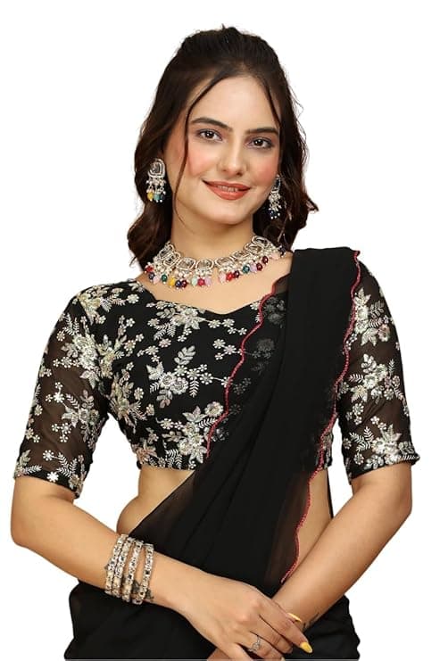 Embroidery Saree for Women with Designer Floral Blouse 