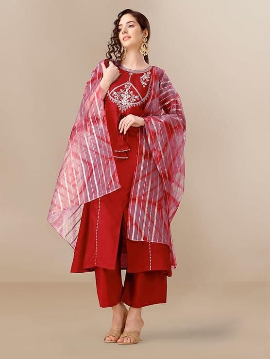 Women's Cotton Silk Embroidered A-line Front Slit Kurta Palazzo & Organza Dupatta Set 3