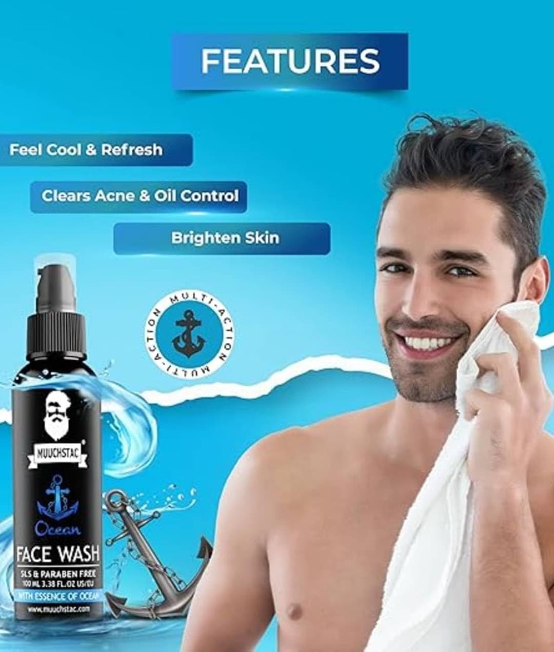 Muuchstac Ocean Face Wash for Men | Fight Acne & Pimples, Brighten Skin, Clears Dirt, Oil Control, Refreshing Feel - Multi-Action Formula (100 ml) 1