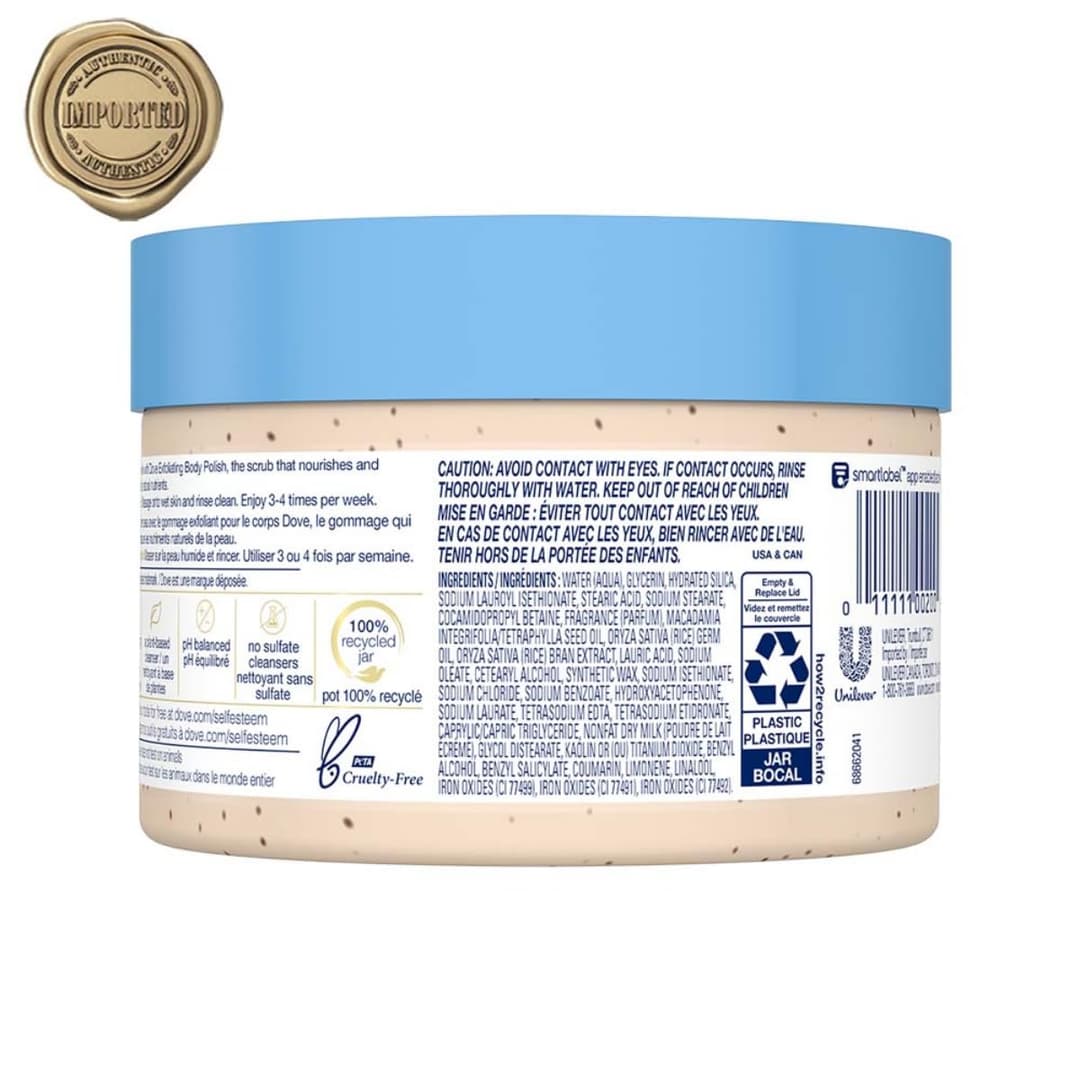 Dove Exfoliating Body Polish| Body Scrub |Deeply Nourishing Crushed Macadamia and Rice Milk |Moisturises & Brightens Skin | Sulphate Free|298gm 2