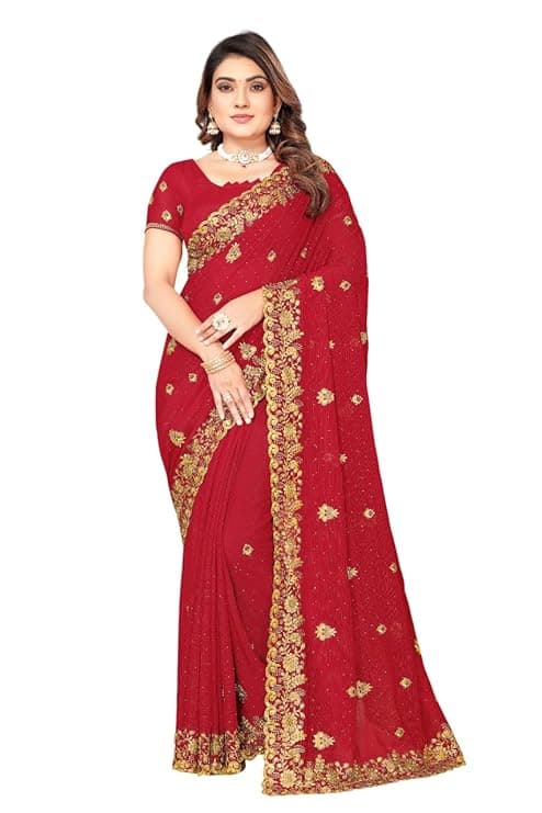 Women embroidered bollywood saree (georgette) (RED)