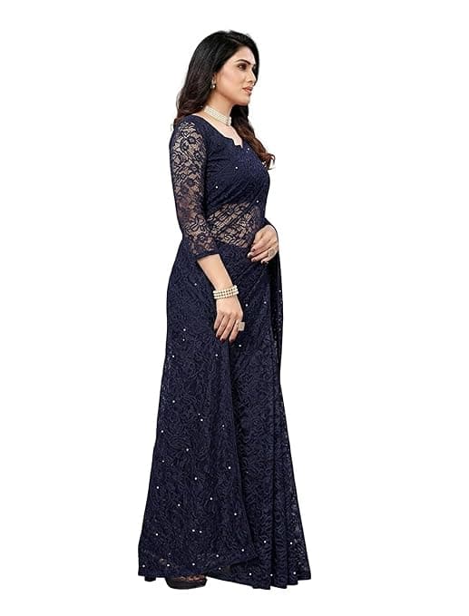 Awafu Women's Solid Net Saree with Pearl and Lace Work | Unstitched Blouse Piece Included | Elegant Rasel Net Fabric | Lightweight Saree for Festive | 5.40M Saree + 0.70M Blouse Fabric 2